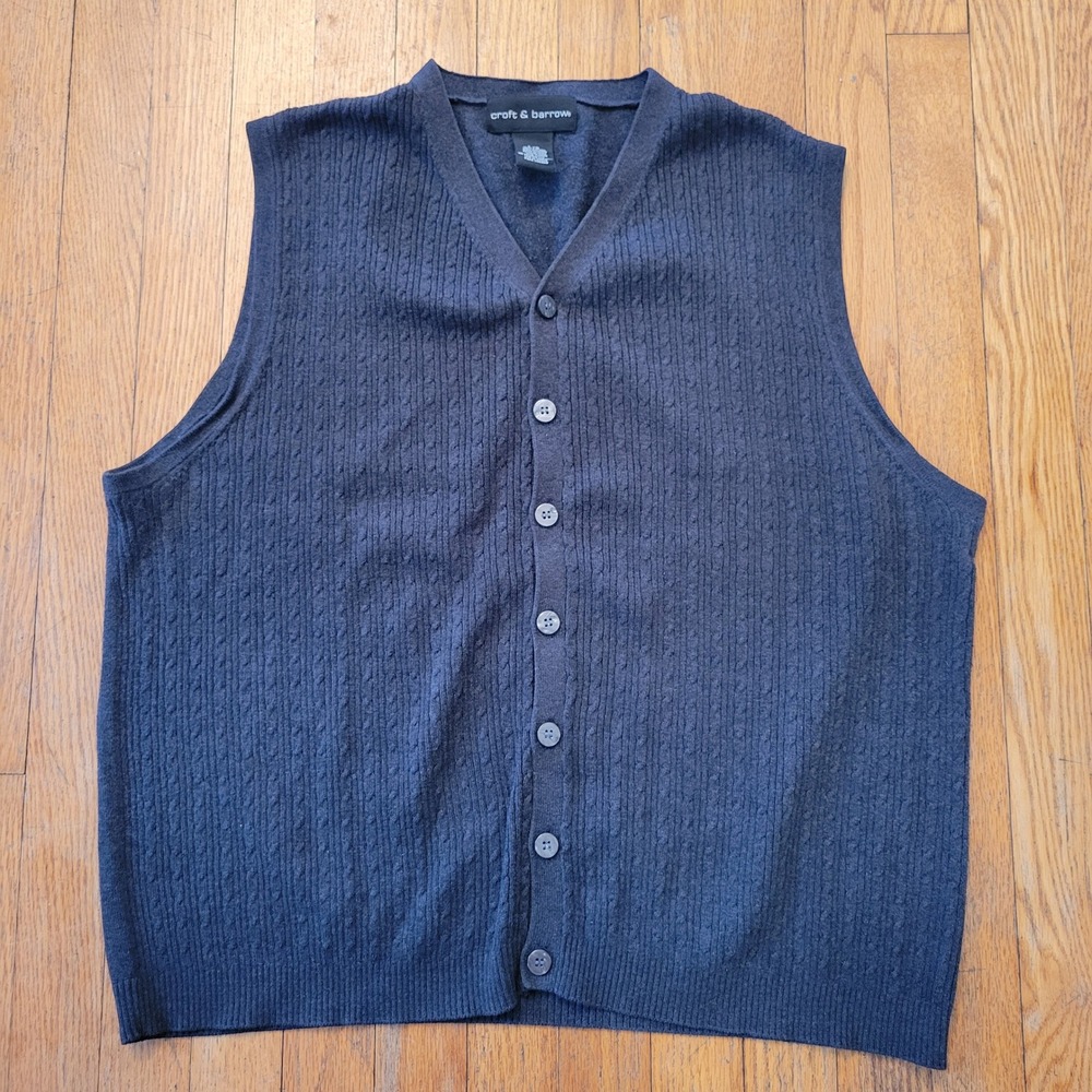 Croft Barrow L Gray Cable Knit Button Front Sleeveless Sweater Vest Grandpa Twee